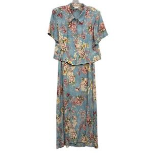 Vintage 90s Karin Stevens Womens Floral Short Sleeve Top Maxi Dress Set 12